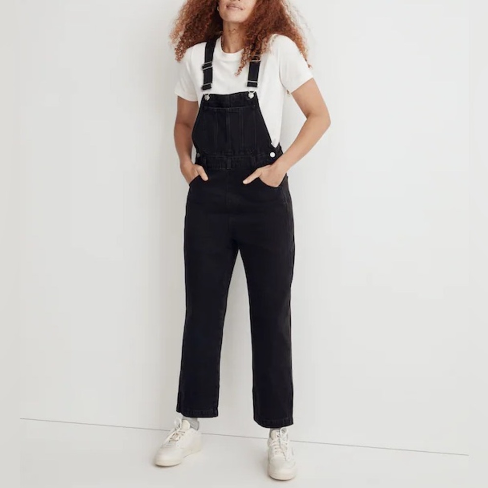 Madewell Black Straight Leg Denim Overalls Medium Rigid Cotton Pockets Utility
